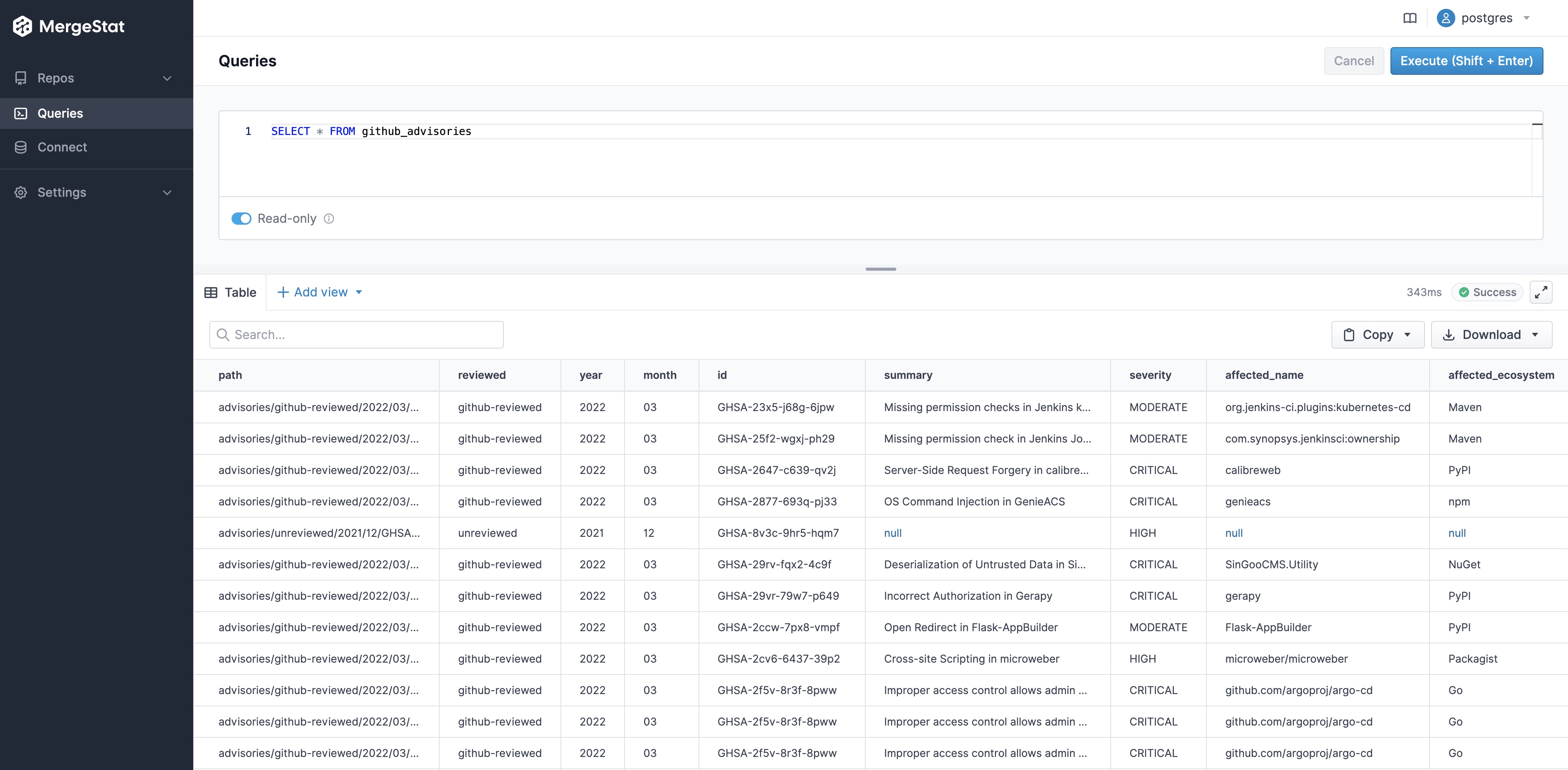 Screenshot of the MergeStat app running a SQL query to list all advisories
