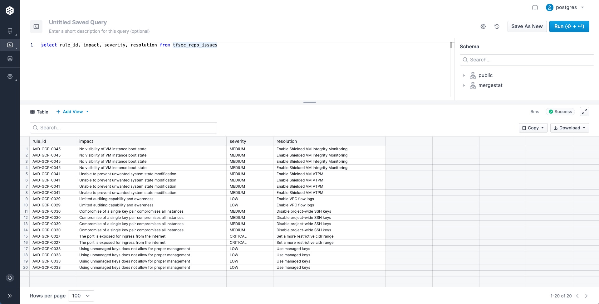 Screenshot of tfsec SQL query