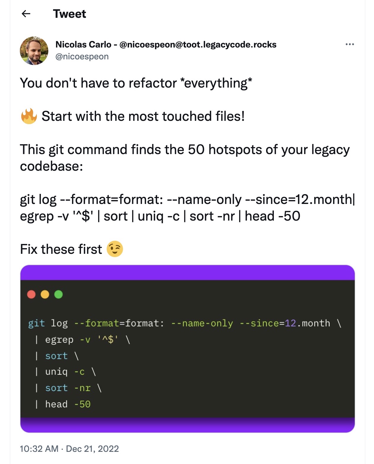 Nicolas Carlo tweet about finding hotspots in a git repo
